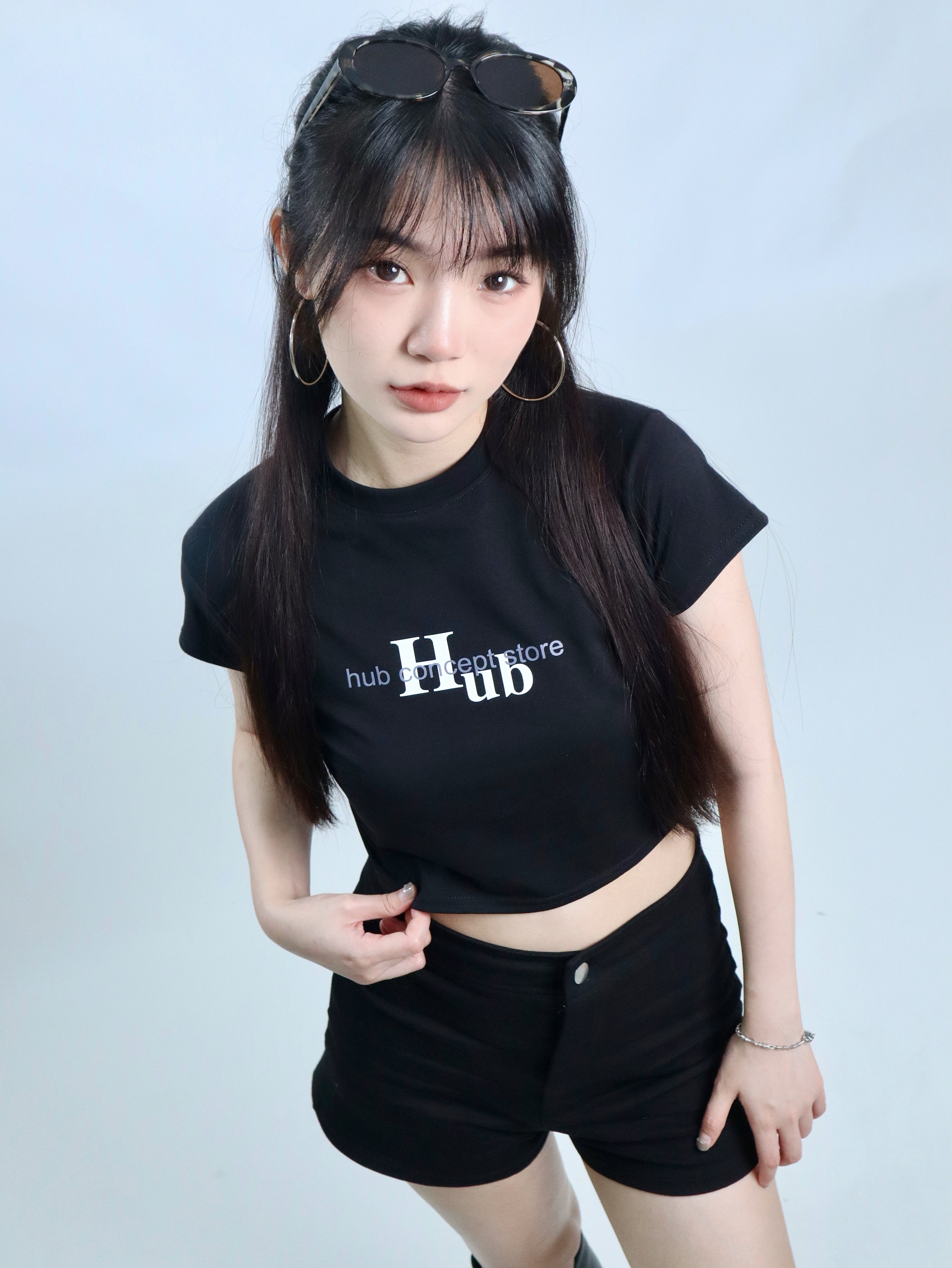 Hub Streetwear Brands - buy streetwear malaysia, "Distinctive" Black Crop Top Model Front View