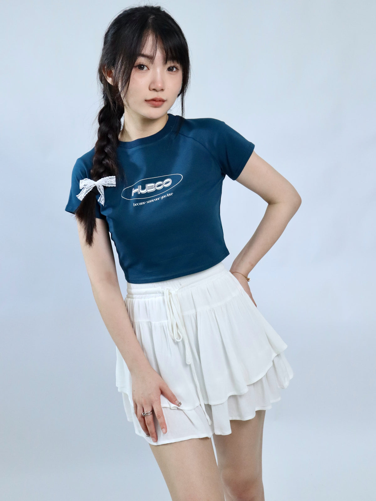 Hub Streetwear Brands - buy streetwear malaysia, "Circle HUBCO" Blue Crop Top Model Front View