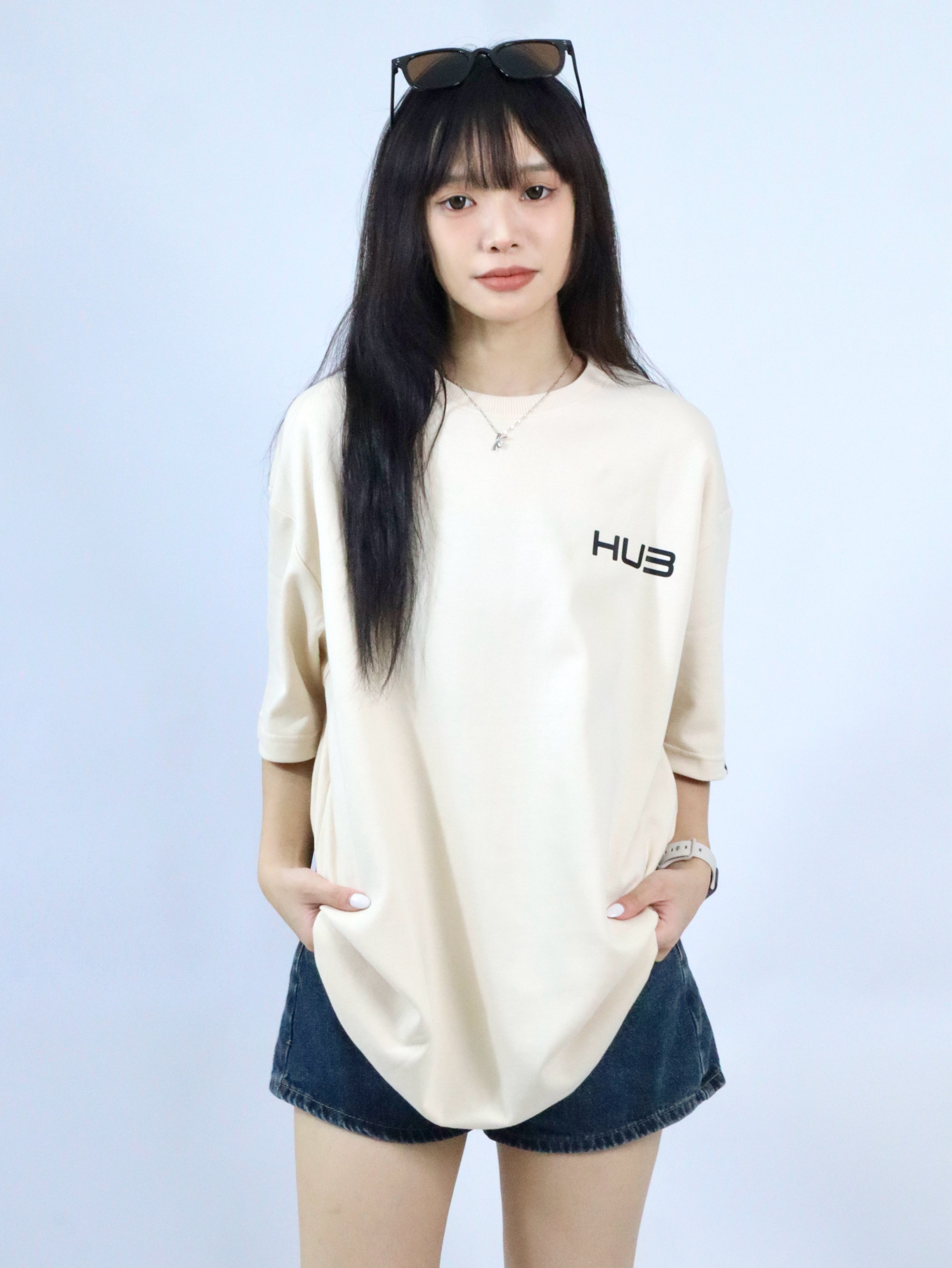 Hub Streetwear Brands - buy streetwear malaysia, Beige "Upright HUB" T-shirt Model Front View