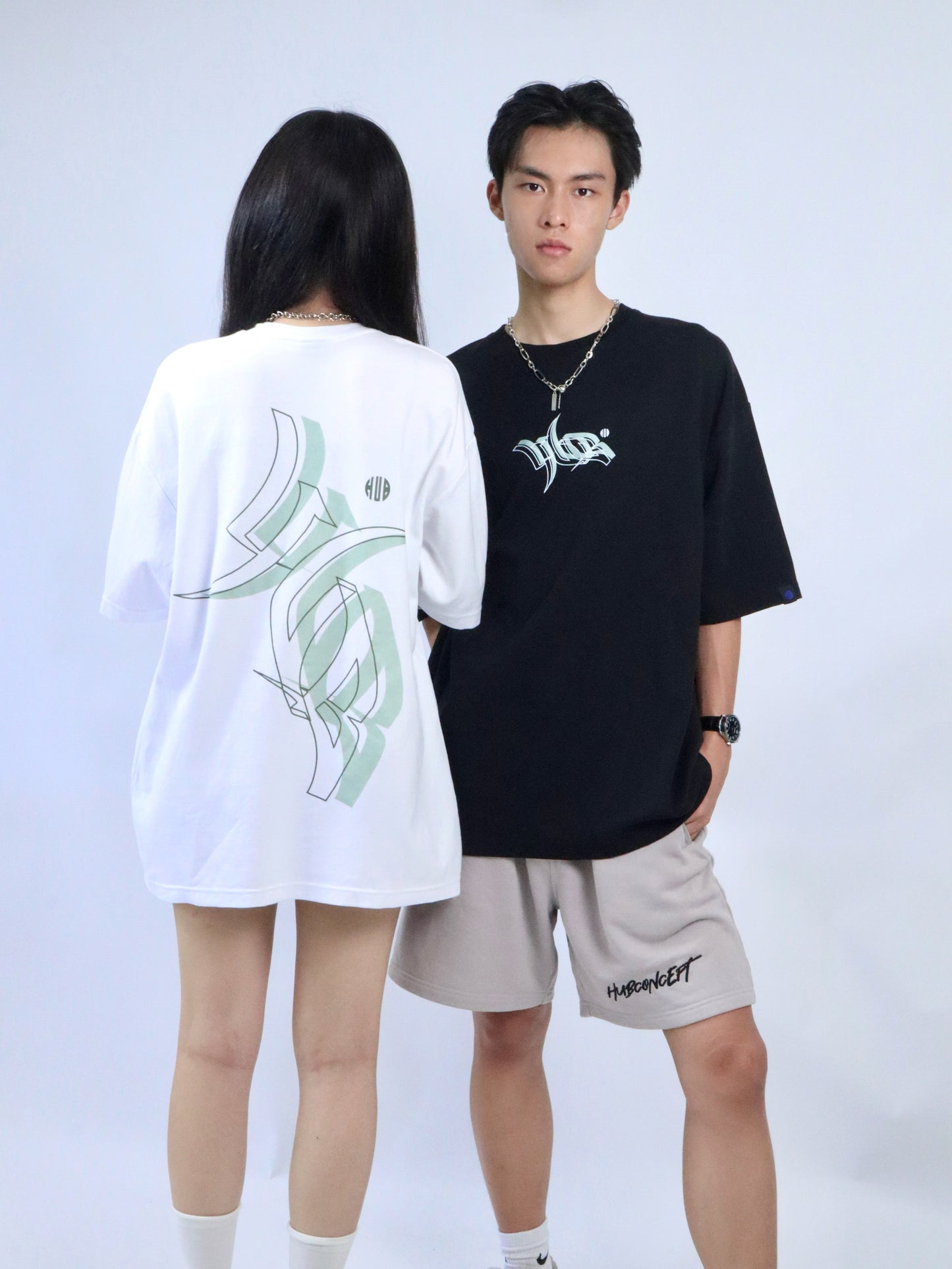 Hub Streetwear Brands - buy streetwear malaysia, White & Black "Inclined HUB" T-shirt Model Front & Back View