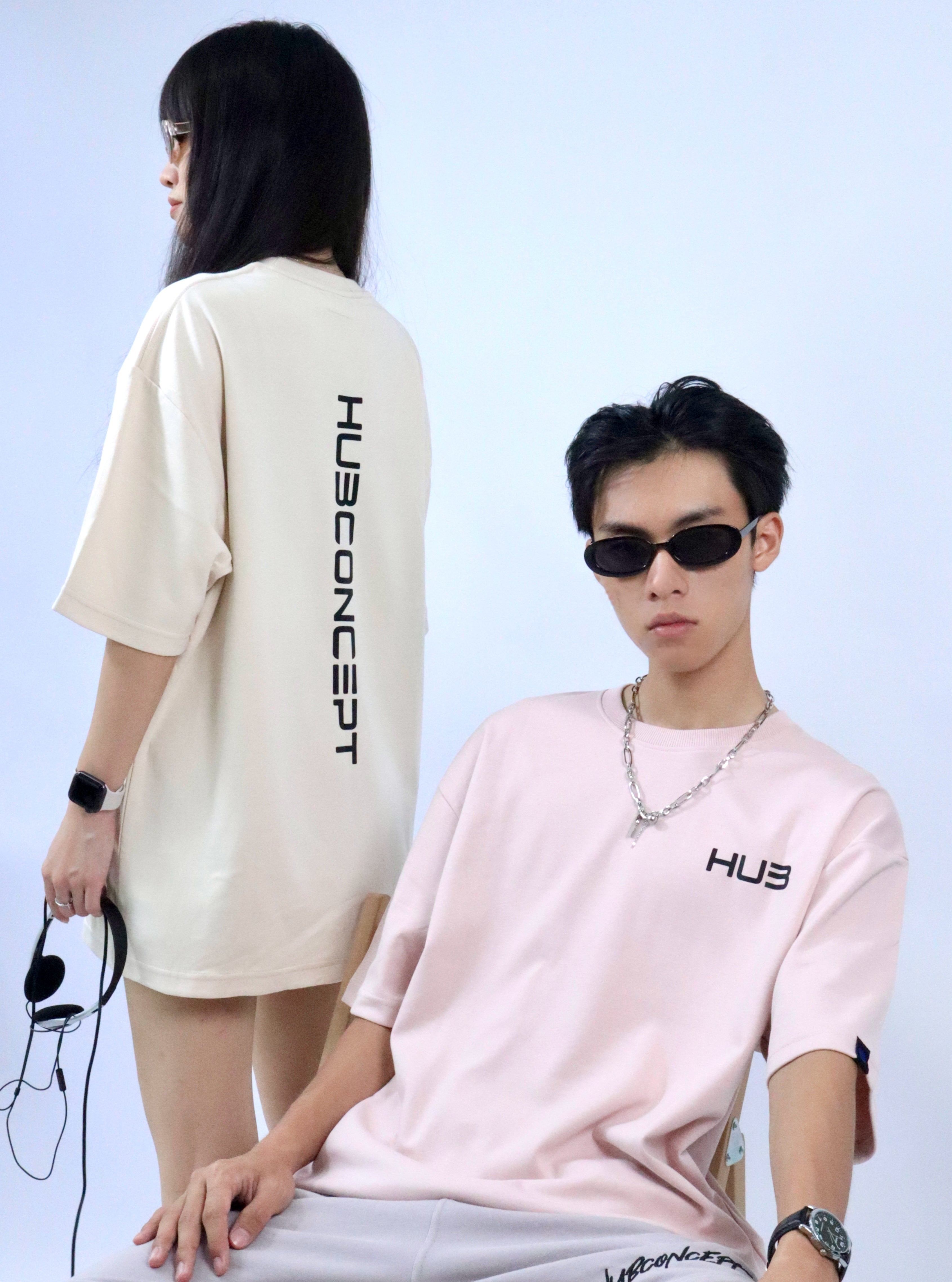 Hub Streetwear Brands - buy streetwear malaysia, Pink & Beige "Upright HUB" T-shirt Model Front & Back View